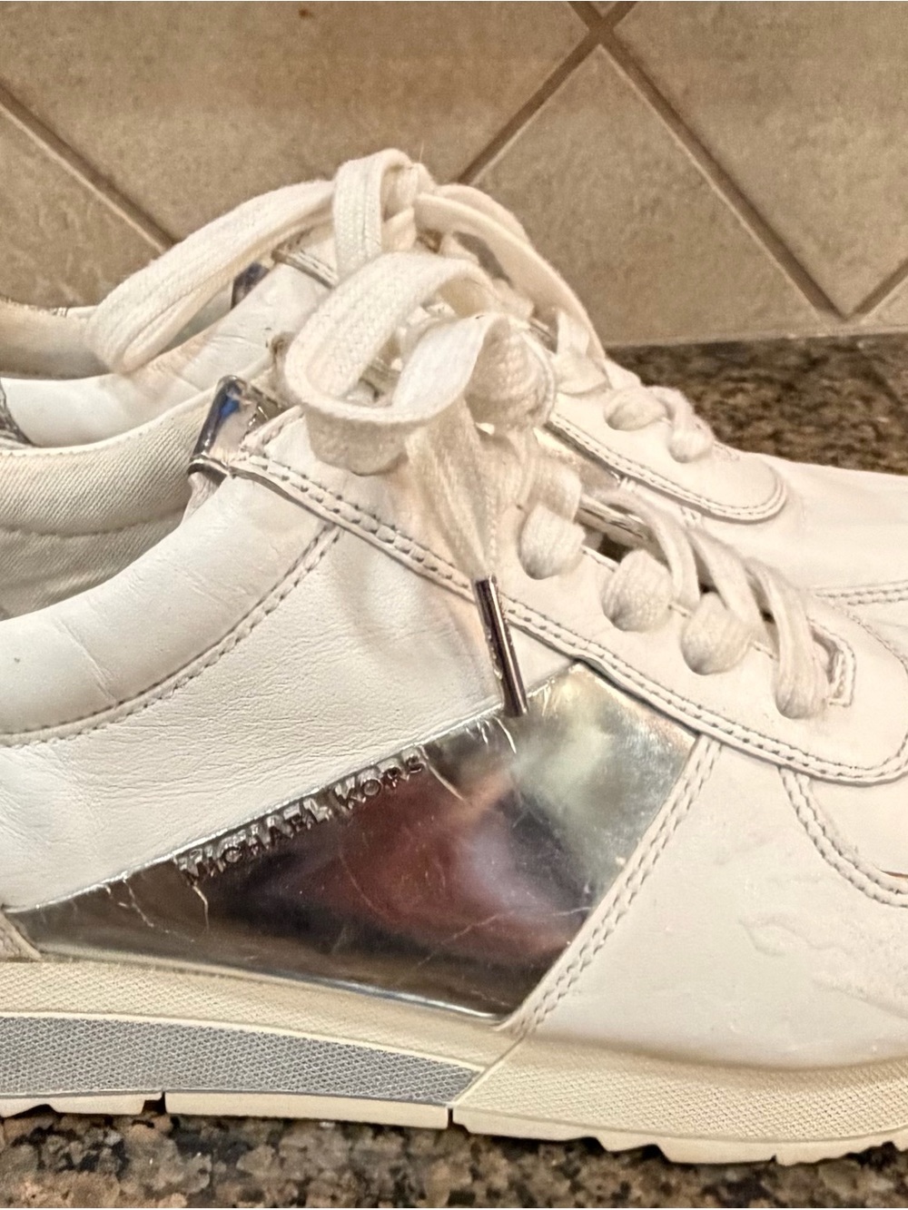 Michael Kors White Leather Trainer with Silver Accent